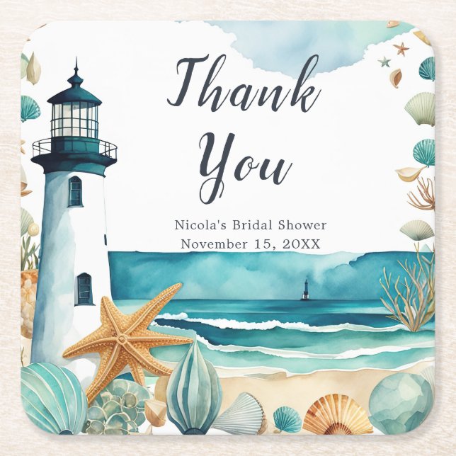 Nautical Lighthouse Bridal Shower Square Paper Coaster (Front)