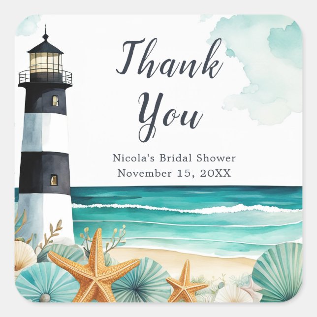 Nautical Lighthouse Bridal Shower Square Sticker (Front)