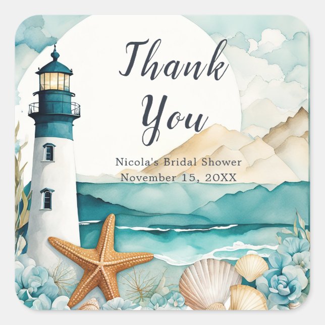Nautical Lighthouse Bridal Shower Square Sticker (Front)