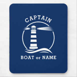 Nautical Lighthouse Captain & Boat or Name Blue Mouse Pad