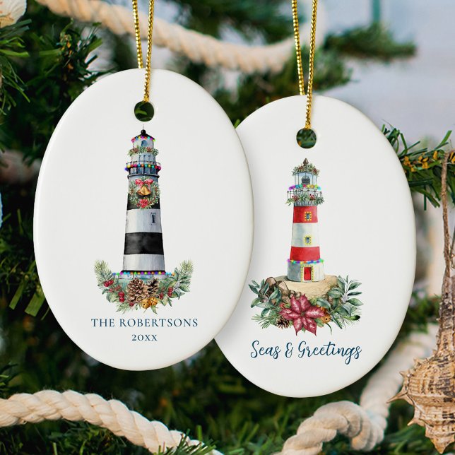 Nautical Lighthouse Christmas Seas & Greetings Ceramic Ornament (Creator Uploaded)