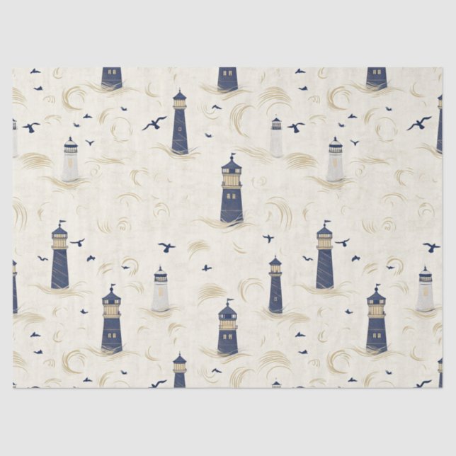 Nautical Lighthouse Coastal Blue Pattern (2) Tissue Paper (Front)