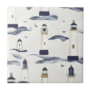 Nautical Lighthouse Coastal Blue Pattern Ceramic Tile