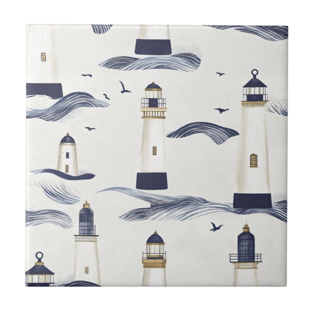 Nautical Lighthouse Coastal Blue Pattern Ceramic Tile (Front)