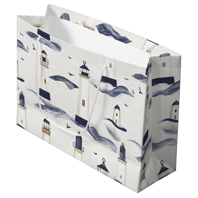 Nautical Lighthouse Coastal Blue Pattern Large Gift Bag (Front Angled)