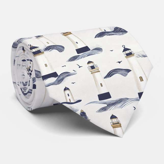 Nautical Lighthouse Coastal Blue Pattern Neck Tie (Rolled)