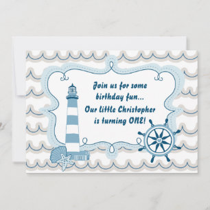 Nautical Lighthouse First Birthday Invite for Boys
