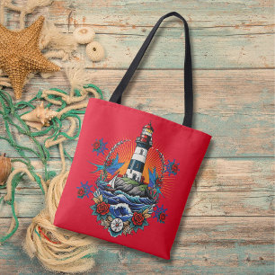 Nautical Lighthouse Floral Red Blue Tote Bag