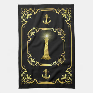 Nautical lighthouse gilded black/gold/black kitchen towel