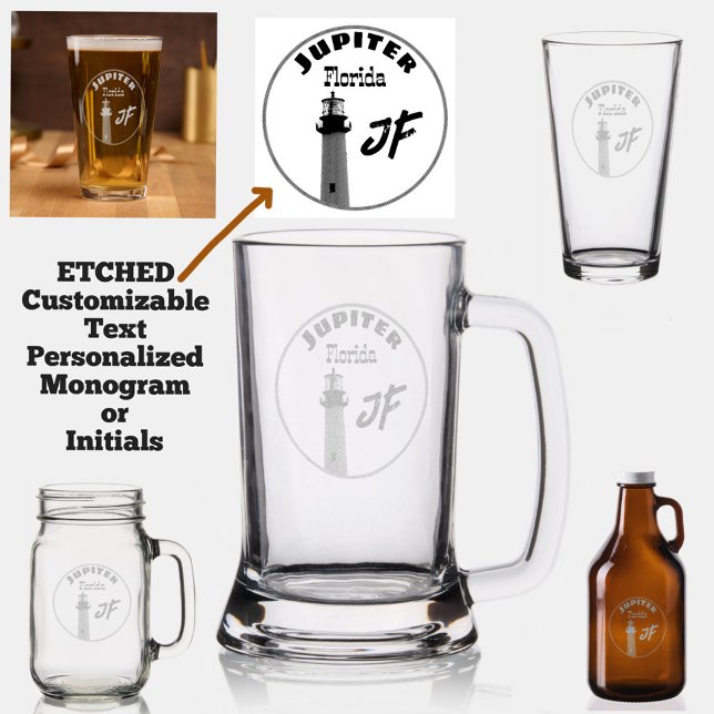 Nautical Lighthouse Jupiter FL Monogrammed etched Stein (Choose a style & customize!)