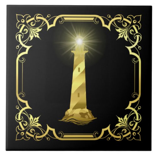 Nautical lighthouse light silhouettegoldblack ceramic tile