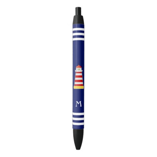 Nautical Lighthouse  Monogram on Blue Background Black Ink Pen