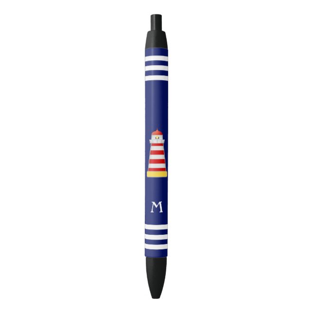 Nautical Lighthouse & Monogram on Blue Background Pen (Front Vertical)