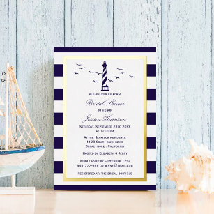 Nautical Lighthouse Navy Stripe Bridal Shower Real Foil Invitation