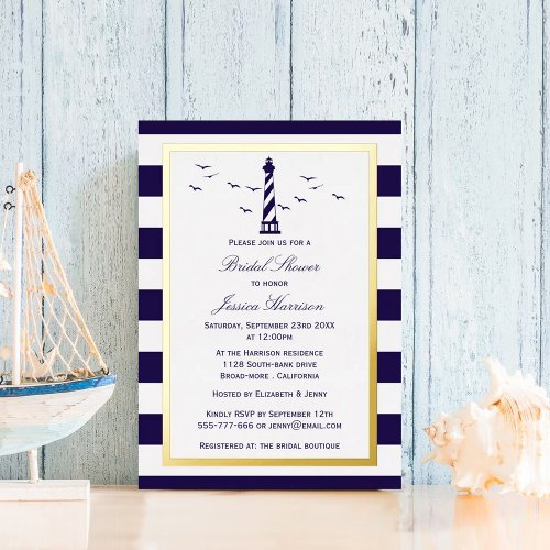 Nautical Lighthouse Navy Stripe Bridal Shower Real Foil Invitation