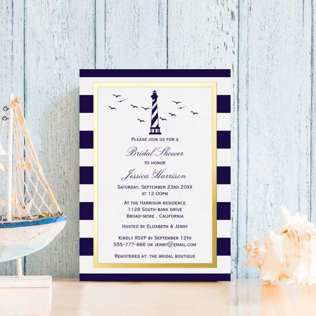 Nautical Lighthouse Navy Stripe Bridal Shower Real Foil Invitation (Creator Uploaded)