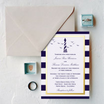 Nautical Lighthouse Navy Stripe Wedding Real Foil Invitation