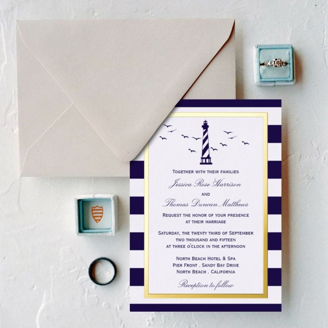 Nautical Lighthouse Navy Stripe Wedding Real Foil Invitation (Creator Uploaded)