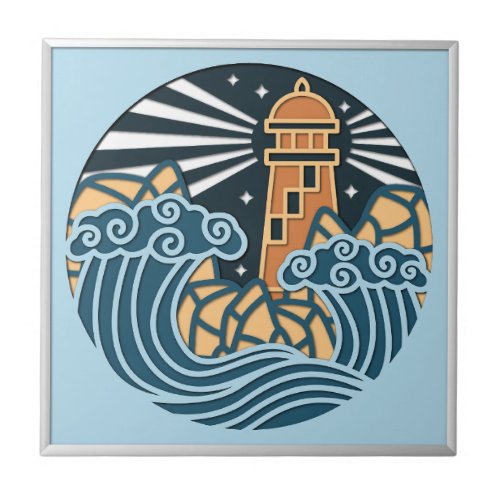 Nautical Lighthouse Ocean Night Scene Ceramic Tile