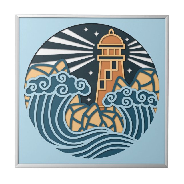 Nautical Lighthouse Ocean Night Scene Ceramic Tile (Front)