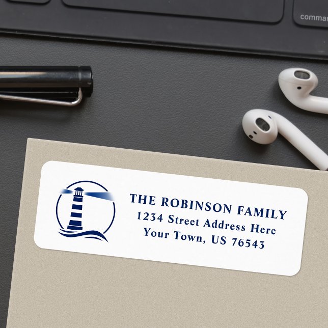Nautical Lighthouse Ocean Waves Blue White Address Label (Creator Uploaded)