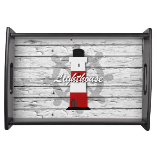 Nautical Lighthouse on Gray Rustic Weathered Wood Serving Tray