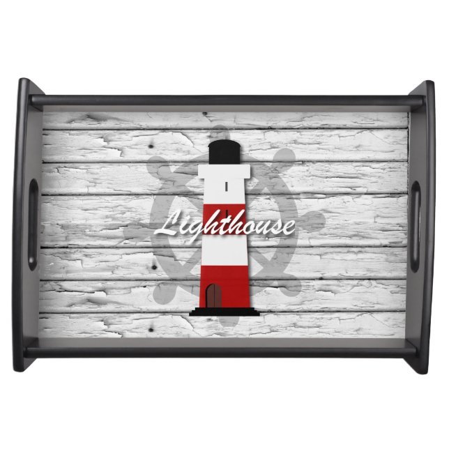 Nautical Lighthouse on Gray Rustic Weathered Wood Serving Tray (Front)
