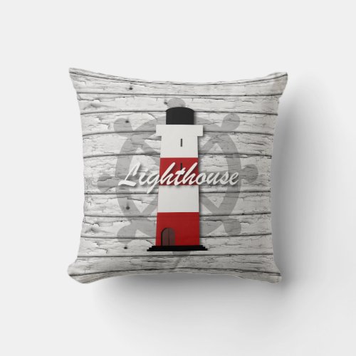 Nautical Lighthouse on Gray Rustic Weathered Wood Throw Pillow