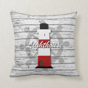 Nautical Lighthouse on Gray Rustic Weathered Wood Throw Pillow