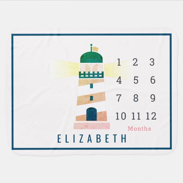 Nautical Lighthouse Pink Girl Monthly Milestone Baby Blanket (Horizontal)