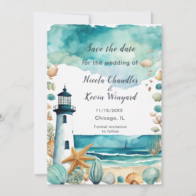Nautical Lighthouse Reception Save The Date (Front)