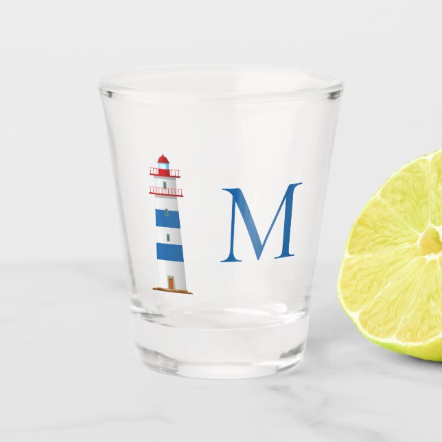 Nautical Lighthouse Red White Blue Monogram Shot Glass (Front)