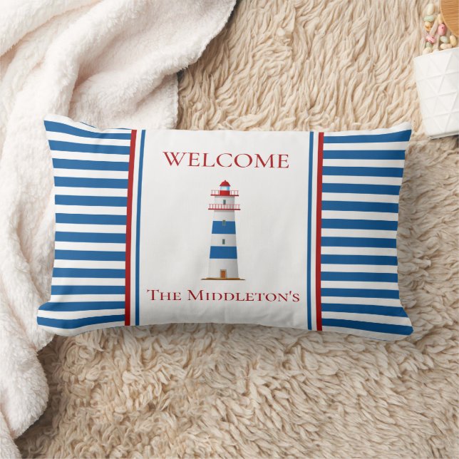 Nautical Lighthouse Red White Blue Stripes Lumbar Pillow (Blanket)