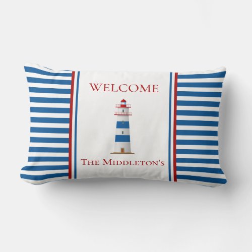 Nautical Lighthouse Red White Blue Stripes Lumbar Pillow