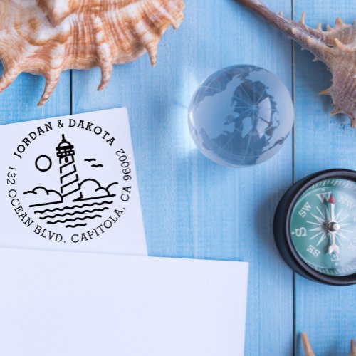 Nautical Lighthouse Round Wedding Return Address Self_inking Stamp