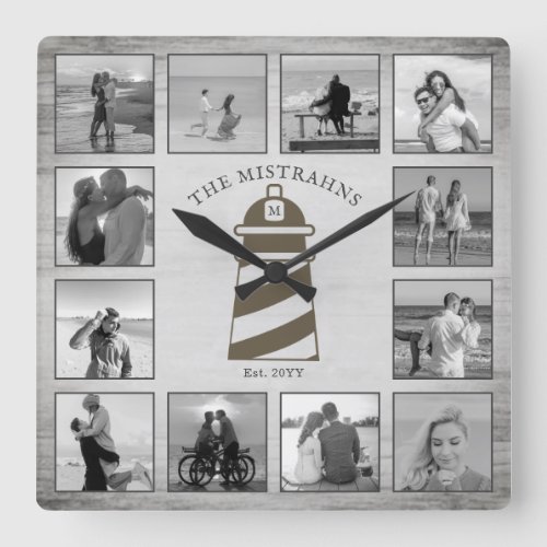 Nautical Lighthouse Rustic Wood Black White Photos Square Wall Clock