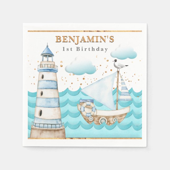 Nautical Lighthouse Sailboat Birthday Napkins (Front)