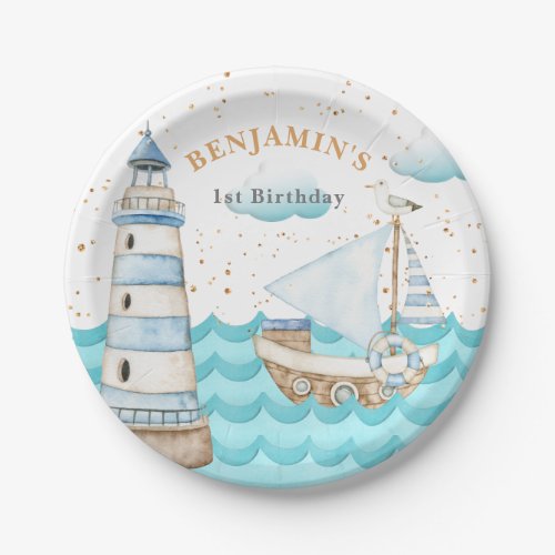 Nautical Lighthouse Sailboat Birthday Paper Plate