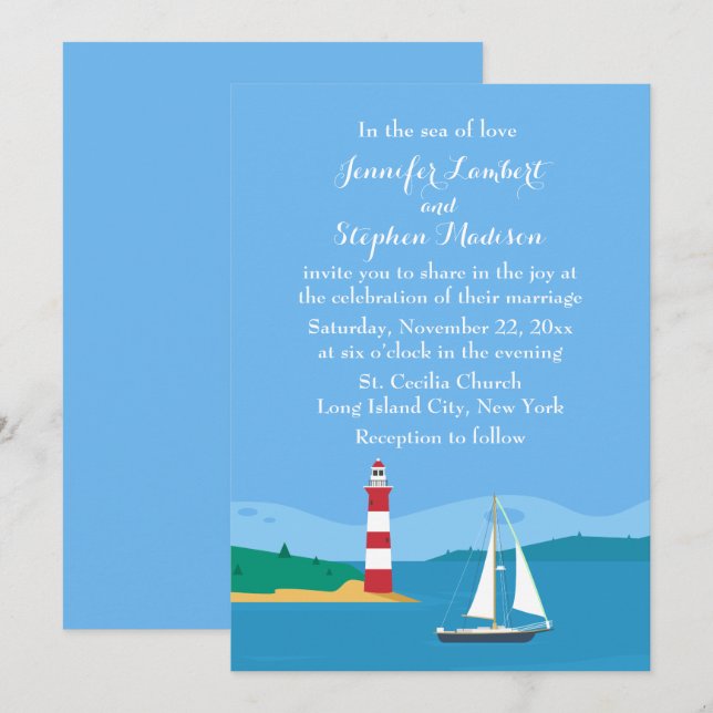 Nautical Lighthouse & Sailboat Blue Ocean Wedding Invitation (Front/Back)