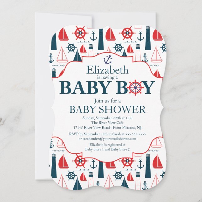 Nautical Lighthouse Sailboat Boys Baby Shower Invitation (Front)