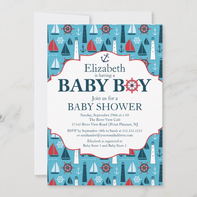 Nautical Lighthouse Sailboat Boys Baby Shower Invitation (Front)