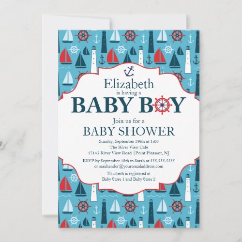 Nautical Lighthouse Sailboat Boys Baby Shower Personalized Invitation
