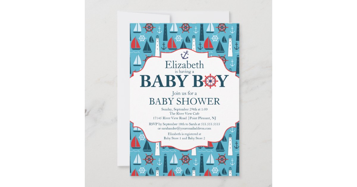 Nautical Lighthouse Sailboat Boys Baby Shower Invitation