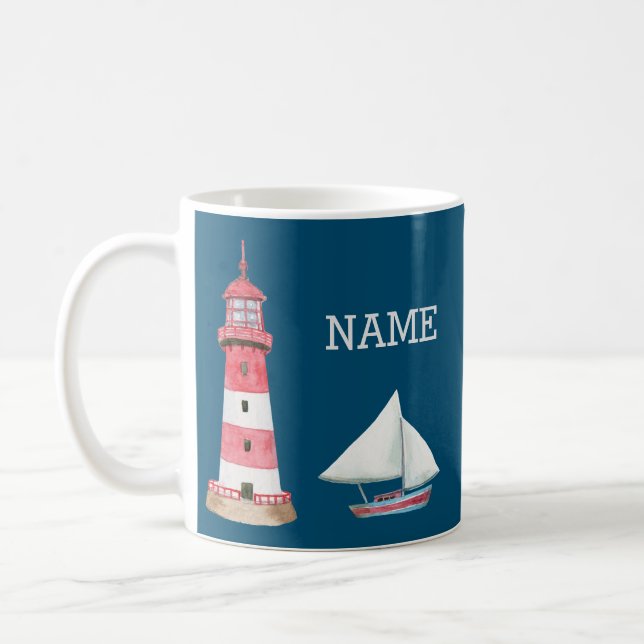 Nautical Lighthouse Sailboat Name Red White Blue Coffee Mug (Left)