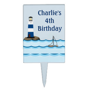 Nautical Lighthouse Scene Custom Birthday Cake Topper