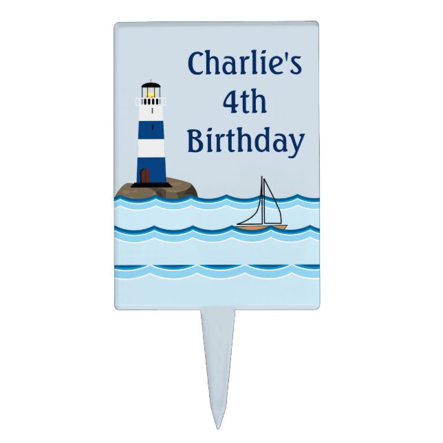 Nautical Lighthouse Scene Custom Birthday Cake Topper (Front)
