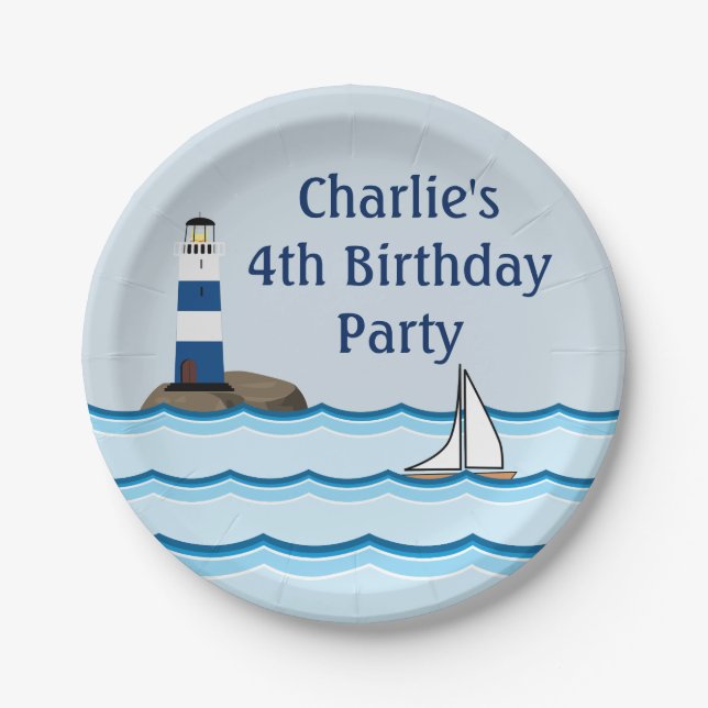 Nautical Lighthouse Scene Custom Birthday Paper Plates (Front)