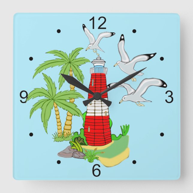 Nautical Lighthouse Scene Square Clock (Front)