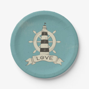 Nautical Lighthouse & Ship Wheel Tan Wedding Love Paper Plates
