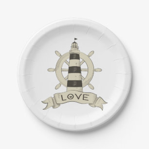 Nautical Lighthouse & Ship Wheel Tan Wedding Love Paper Plates